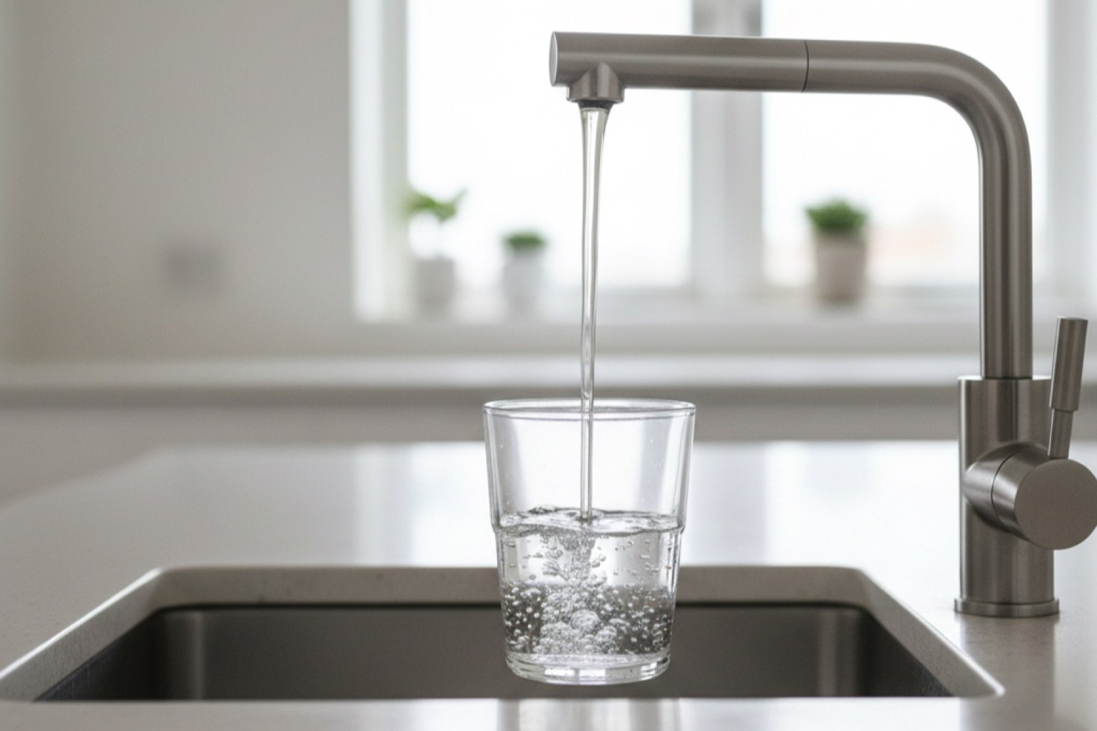 Wasserhahn füllt ein Trinkglas mit Leitungswasser