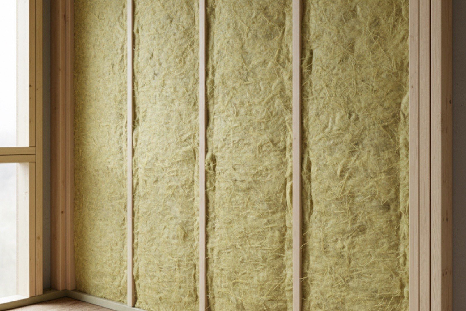 Mineralwolldämmung zwischen den Holzständern einer Wand